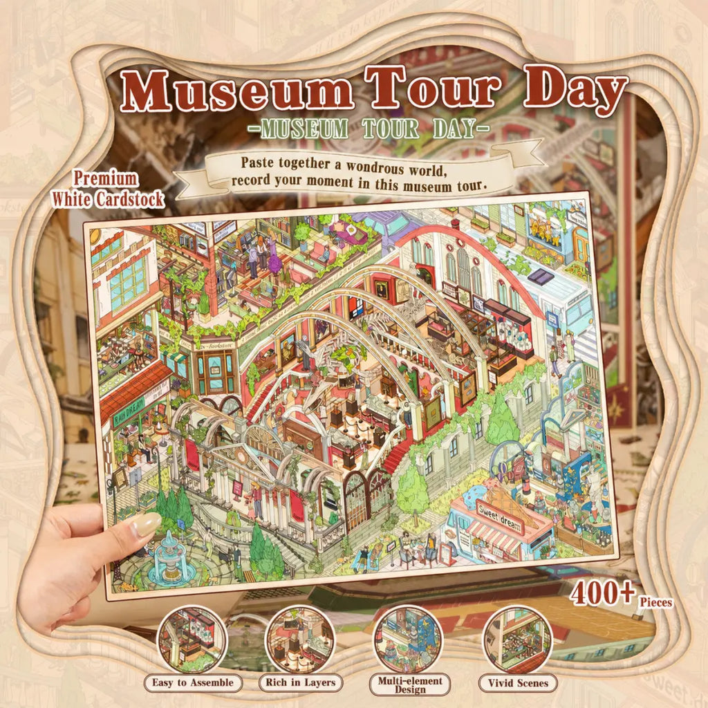 Museum Tour Day 3D scene sticker kit with a finished miniature museum display and over 400 sticker pieces
