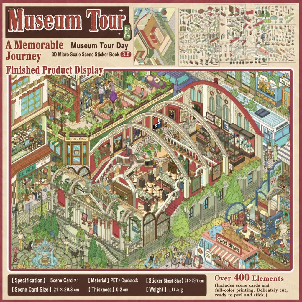 Museum Tour Day 3D scene sticker kit overview showing the finished museum scene, sticker sheets, scene card, material, size, and weight