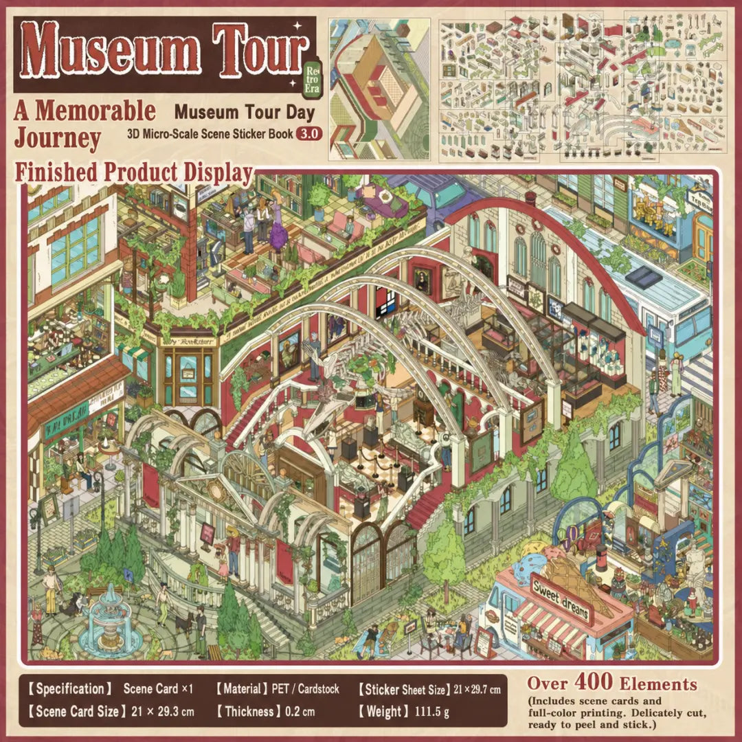 Museum Tour Day 3D scene sticker kit overview showing the finished museum scene, sticker sheets, scene card, material, size, and weight