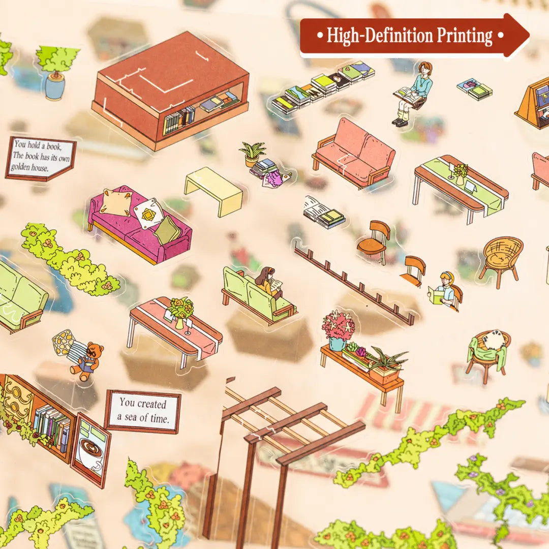 Close-up of Museum Tour Day sticker sheet showing high-definition printed furniture, plants, books, sofas, and museum display elements