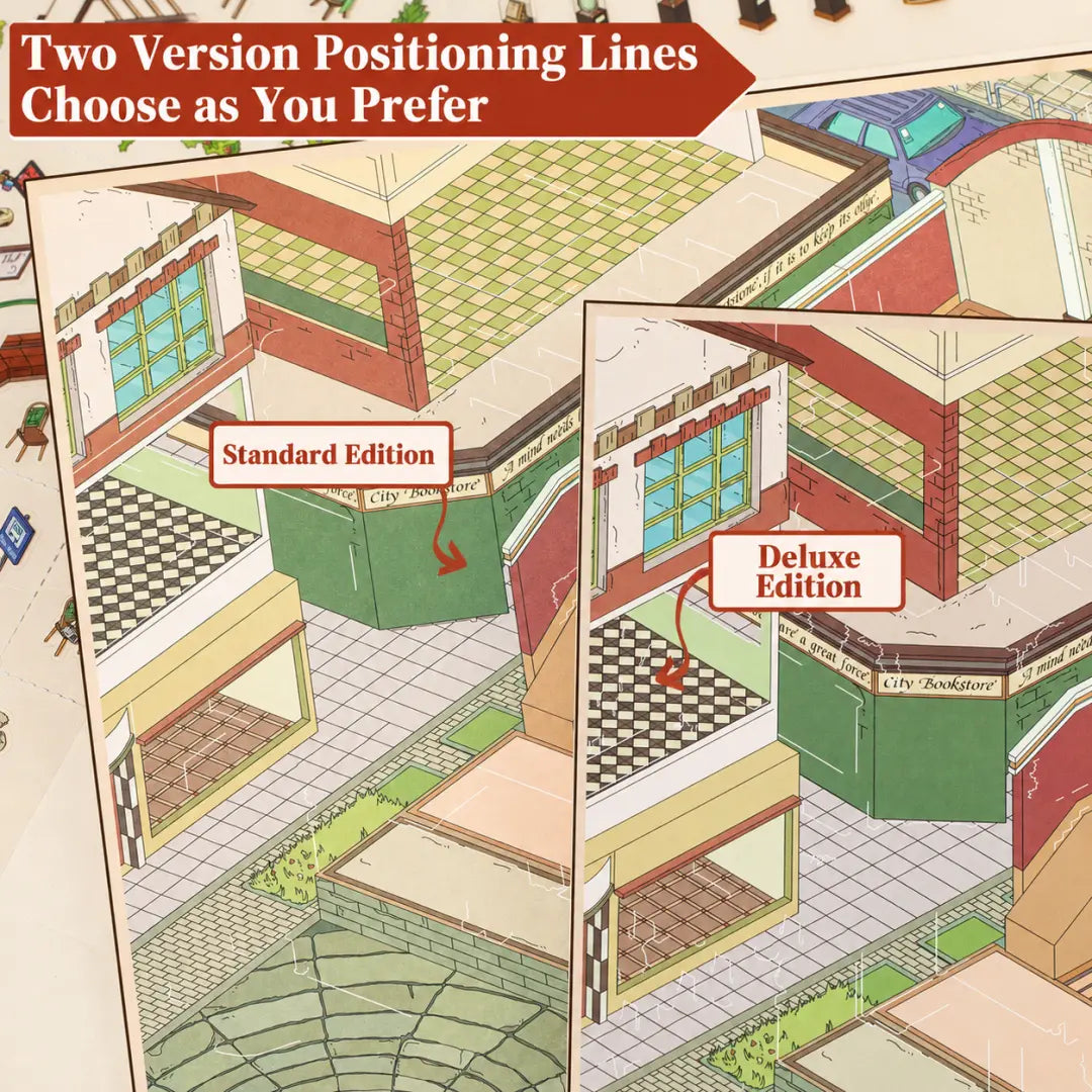 Museum Tour Day scene card comparison showing standard and deluxe positioning line options for sticker placement