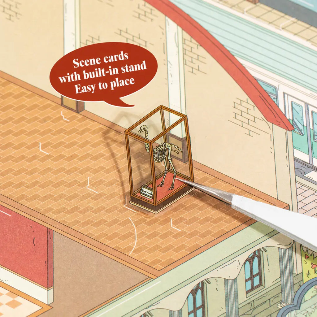 Close-up of a museum display sticker placed on the scene card with built-in stand support