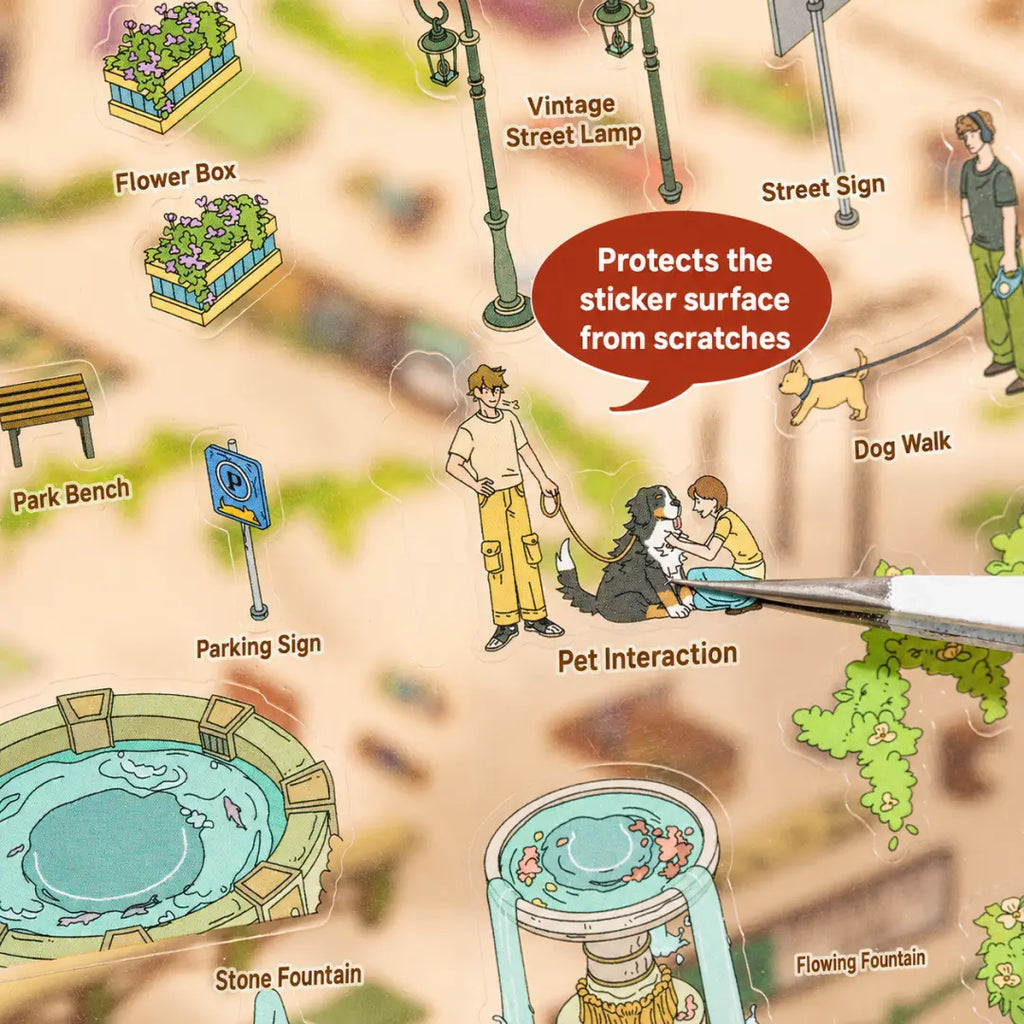 Close-up of Museum Tour Day PET stickers with flower boxes, street lamps, dog walk scene, fountain, and protective sticker surface