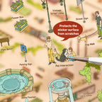 Close-up of Museum Tour Day PET stickers with flower boxes, street lamps, dog walk scene, fountain, and protective sticker surface