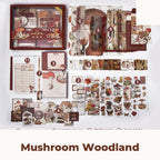 Mushroom Woodland Junk Journal Kit flat lay showing the coordinated papers, ephemera, stickers, and craft embellishments included in the set