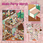 Music Party March 3D scene sticker kit contents with scene card, backing card, and 3 PET sticker sheets