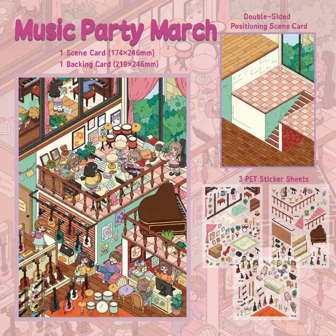 Music Party March 3D scene sticker kit contents with scene card, backing card, and 3 PET sticker sheets