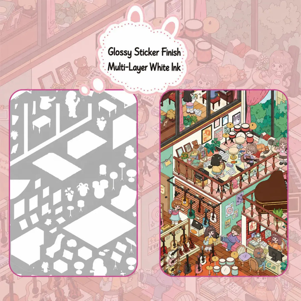 Close-up showing glossy sticker finish and multi-layer white ink detail on the Music Party March scene
