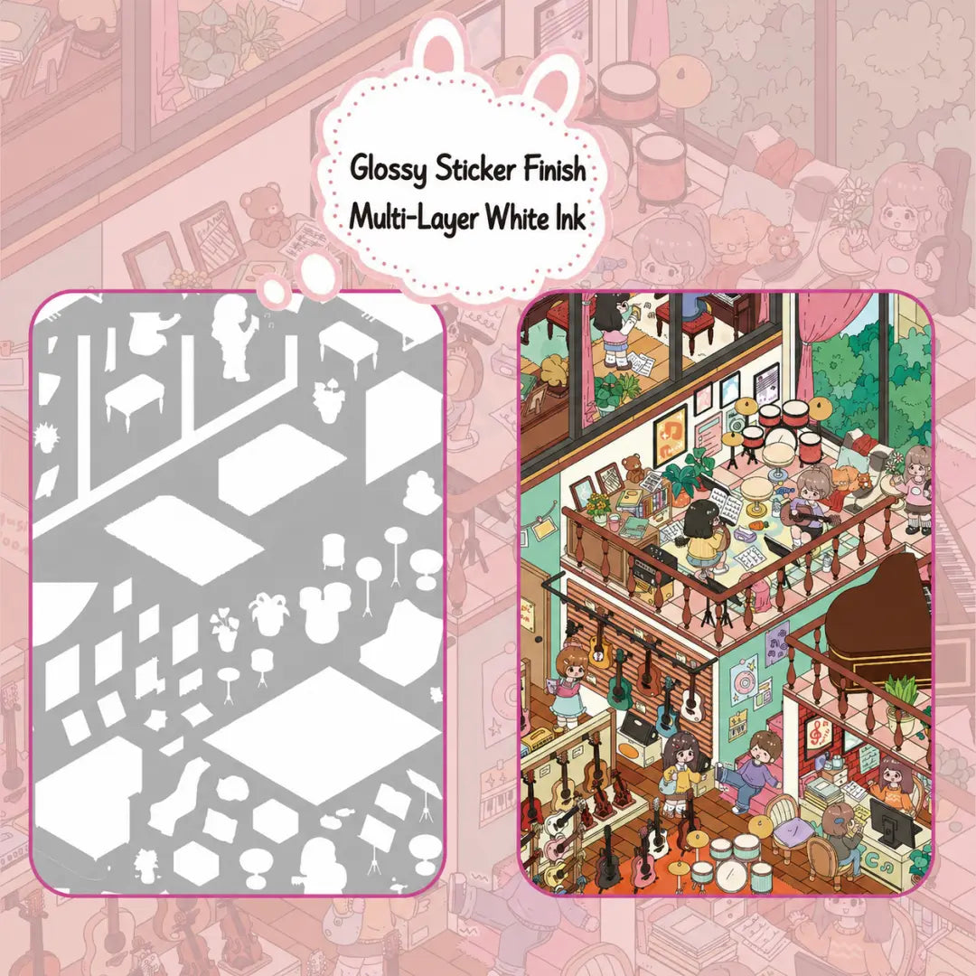 Close-up showing glossy sticker finish and multi-layer white ink detail on the Music Party March scene