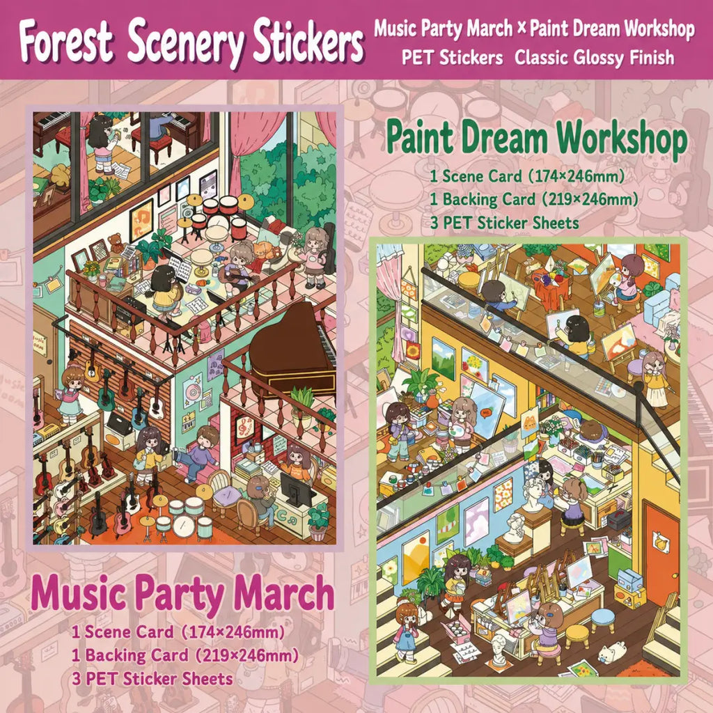 Music Party March and Paint Dream Workshop 3D scene sticker kit set overview showing the two scene styles