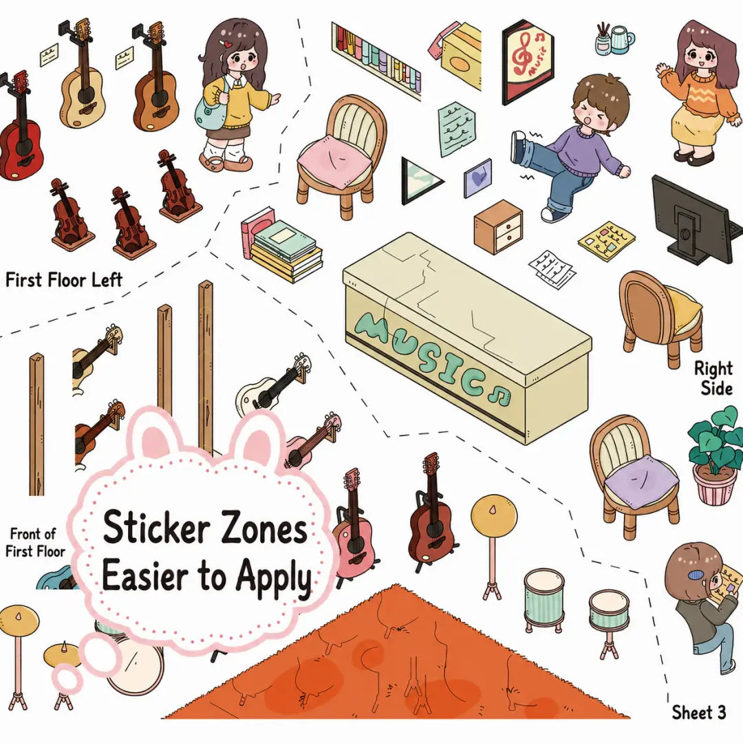 Close-up of Music Party March sticker sheet showing sticker zones for easier application