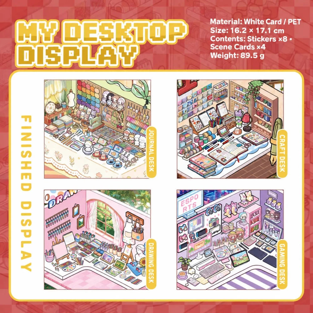 My Desktop Display scene sticker book showing journal desk, craft desk, drawing desk, and gaming desk scenes