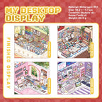 My Desktop Display scene sticker book showing journal desk, craft desk, drawing desk, and gaming desk scenes