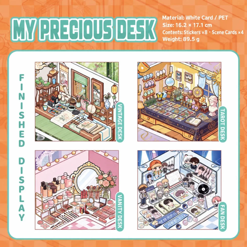 My Precious Desk scene sticker book showing vintage desk, tarot desk, vanity desk, and fan desk scenes