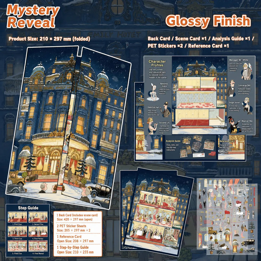 Mystery Hotel 3D scene sticker kit contents with scene card, PET sticker sheets, analysis guide, reference card, and step-by-step guide