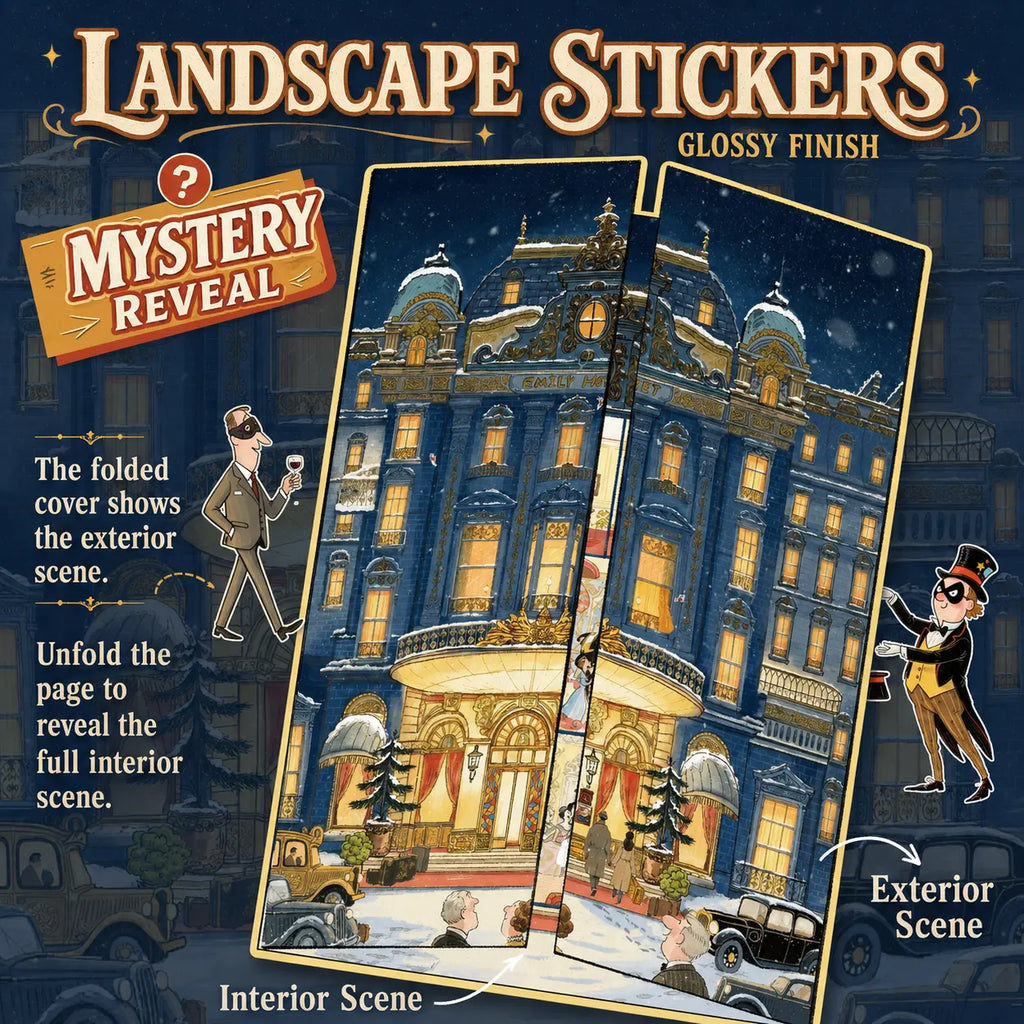 Mystery Hotel 3D scene sticker kit showing a folded hotel exterior scene and revealed interior scene