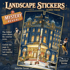 Mystery Hotel 3D scene sticker kit showing a folded hotel exterior scene and revealed interior scene