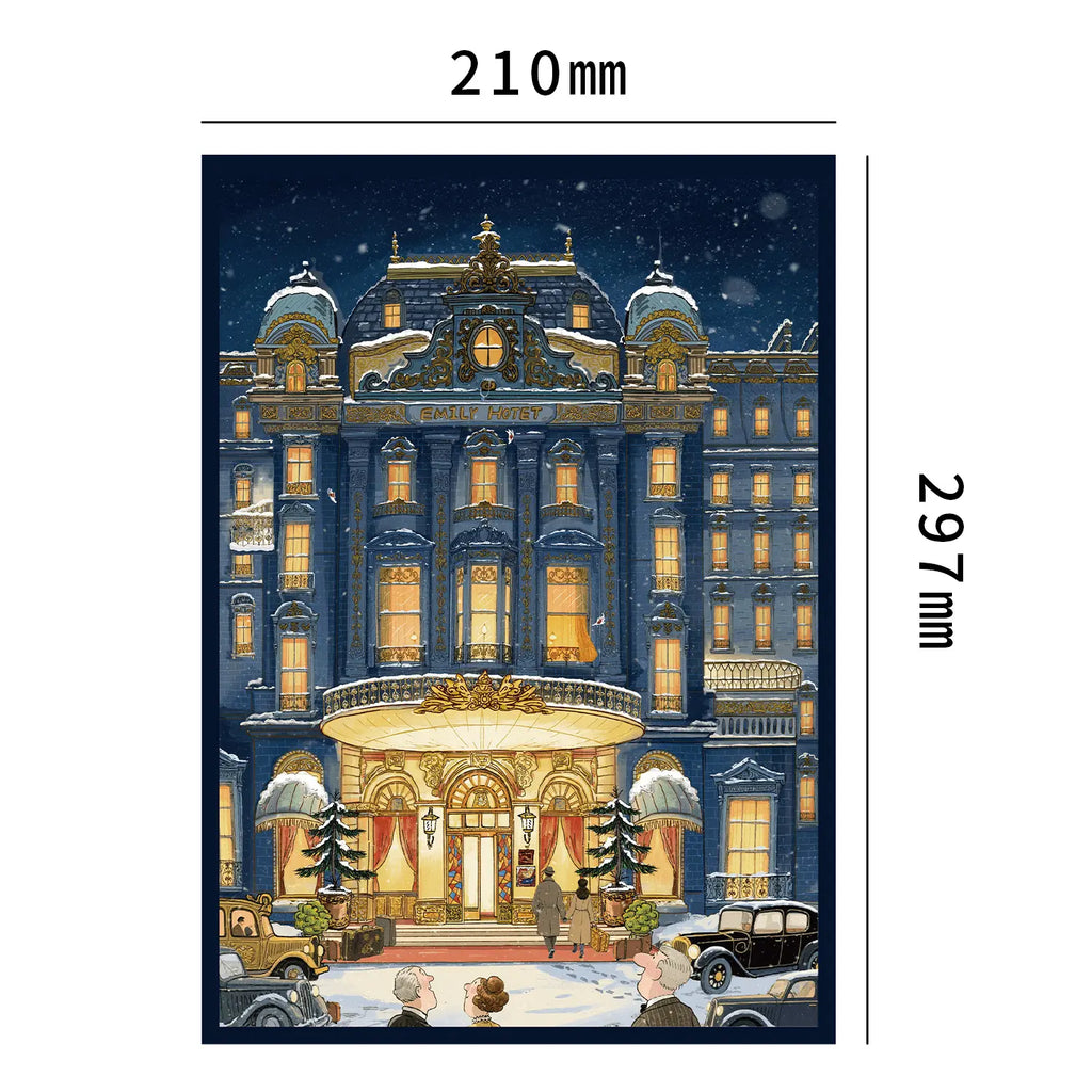 Mystery Hotel scene card size shown as 210 by 297 millimeters