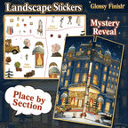 Sectioned sticker sheet layout for the Mystery Hotel scene sticker kit with character and side scene stickers