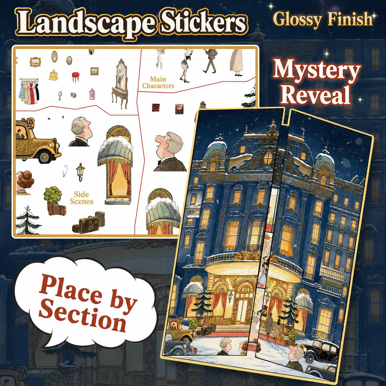 Sectioned sticker sheet layout for the Mystery Hotel scene sticker kit with character and side scene stickers