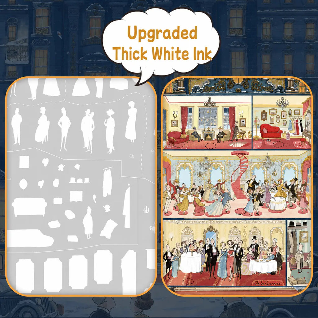 Mystery Hotel scene sticker kit detail showing upgraded white ink behind the printed interior scene stickers