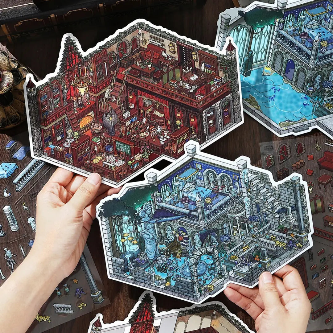 Mystery Manor 3D scene sticker kit set with Deep Sea Manor and The Duke’s Study finished scenes