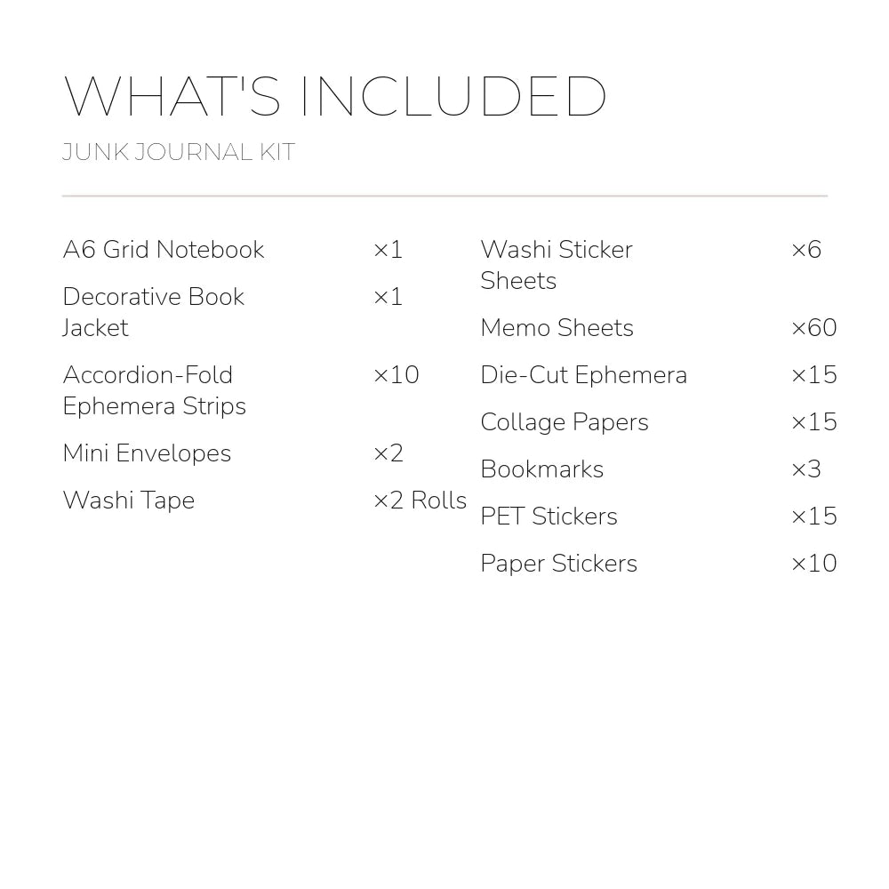 English contents list for the Nature's Whisper Junk Journal Kit with included item names and quantities