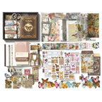 Nature's Whisper Junk Journal Kit flat lay showing the coordinated papers, ephemera, stickers, and craft embellishments included in the set