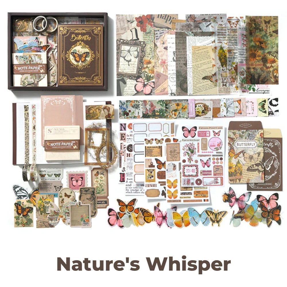 Nature's Whisper Junk Journal Kit flat lay showing the coordinated papers, ephemera, stickers, and craft embellishments included in the set