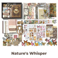 Nature's Whisper Junk Journal Kit flat lay showing the coordinated papers, ephemera, stickers, and craft embellishments included in the set