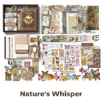 Nature's Whisper Junk Journal Kit flat lay showing the coordinated papers, ephemera, stickers, and craft embellishments included in the set