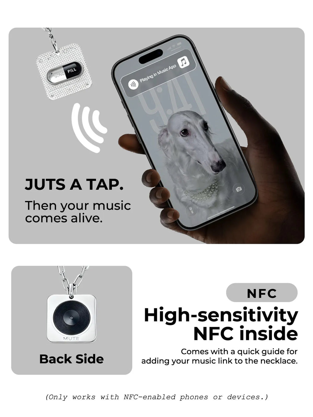 Demonstration of tapping NFC-enabled phone on black capsule necklace to play music