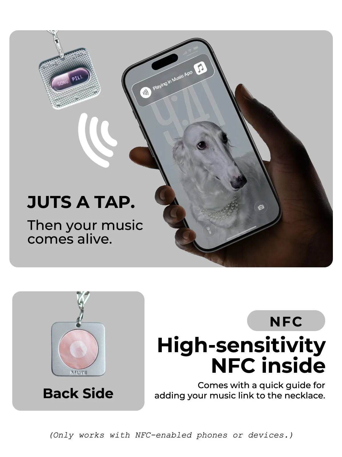 Demonstration of tapping NFC-enabled phone on pink capsule necklace to play music