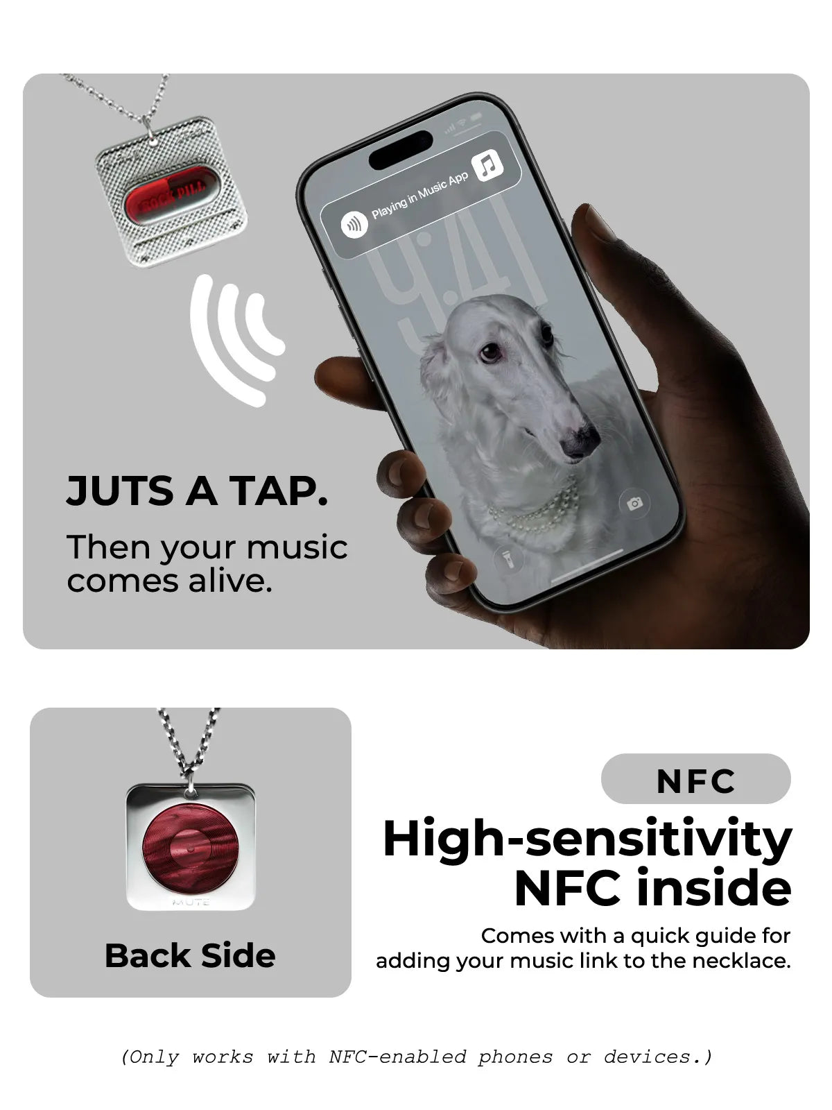 Demonstration of tapping NFC-enabled phone on red capsule necklace to play music