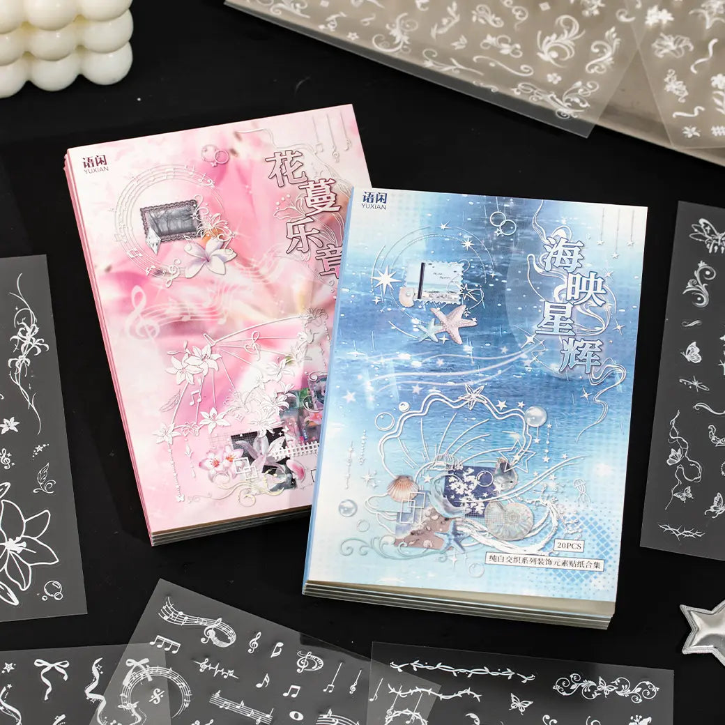 Ocean Star Glow and Floral Melody decorative journaling sticker set with white accent PET sticker sheets