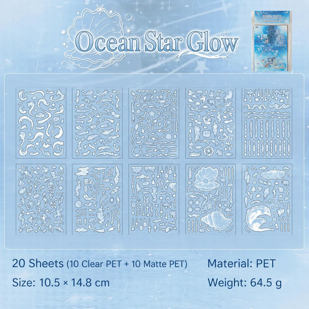 Ocean Star Glow journaling sticker set overview with 20 PET sheets in ocean, shell, star, and wave designs