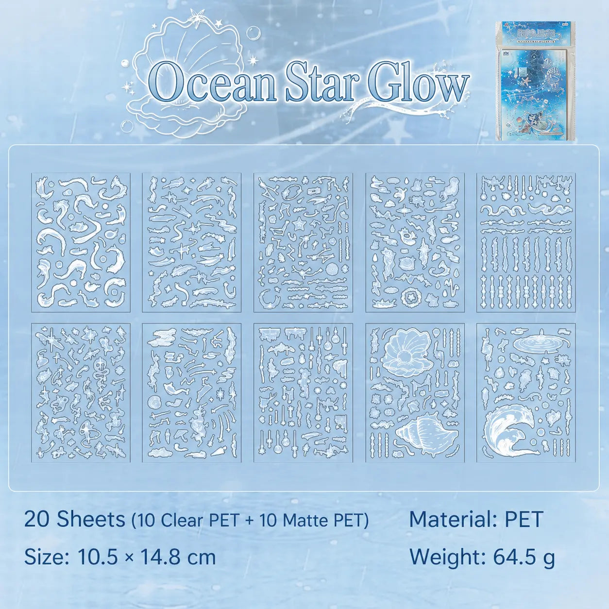Ocean Star Glow journaling sticker set overview with 20 PET sheets in ocean, shell, star, and wave designs