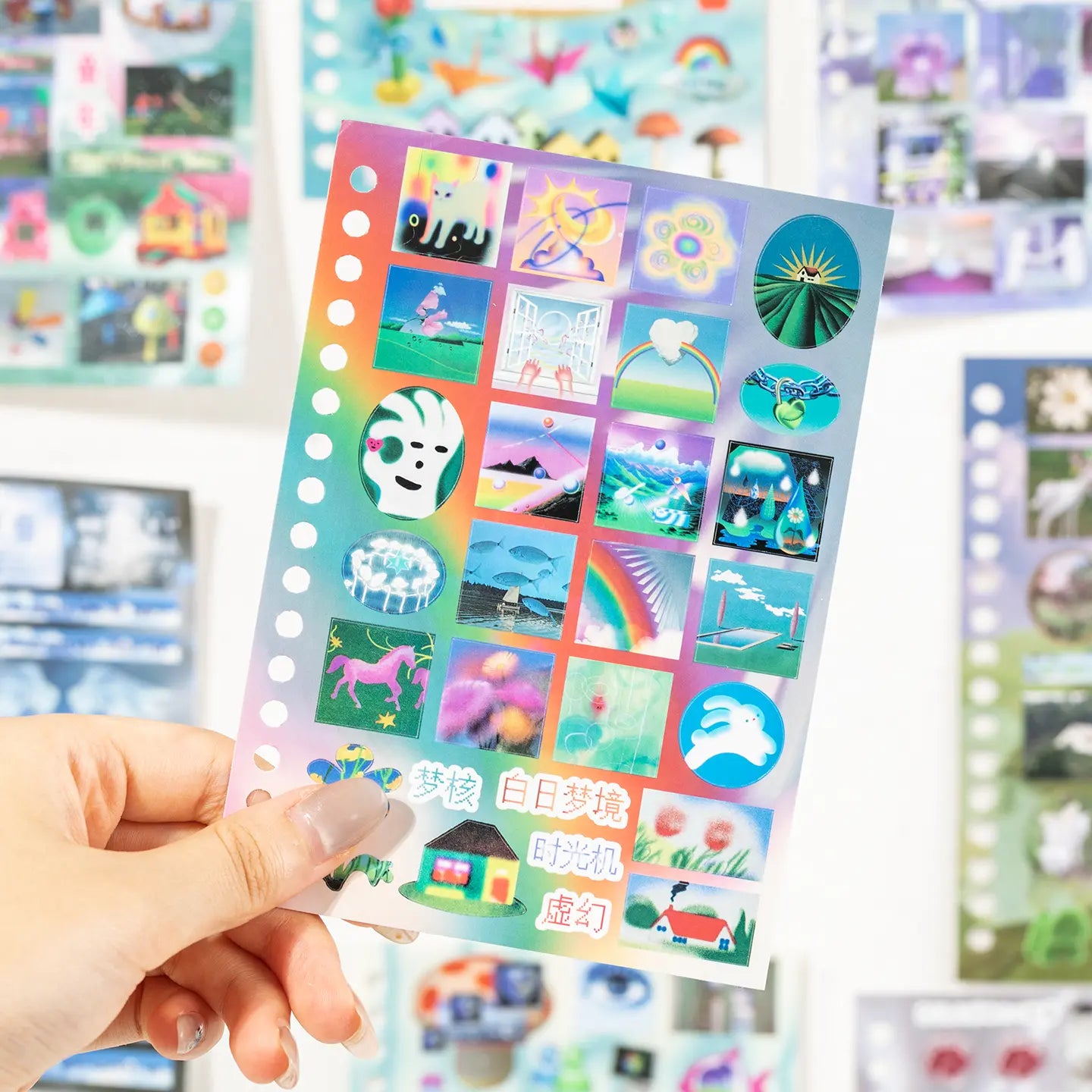 Blue journaling sticker sheet with ocean, dolphin, retro phone, computer, and bubble designs