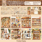 Old British Dream scene sticker kit with 16 sticker sheets and eight vintage shop scene cards