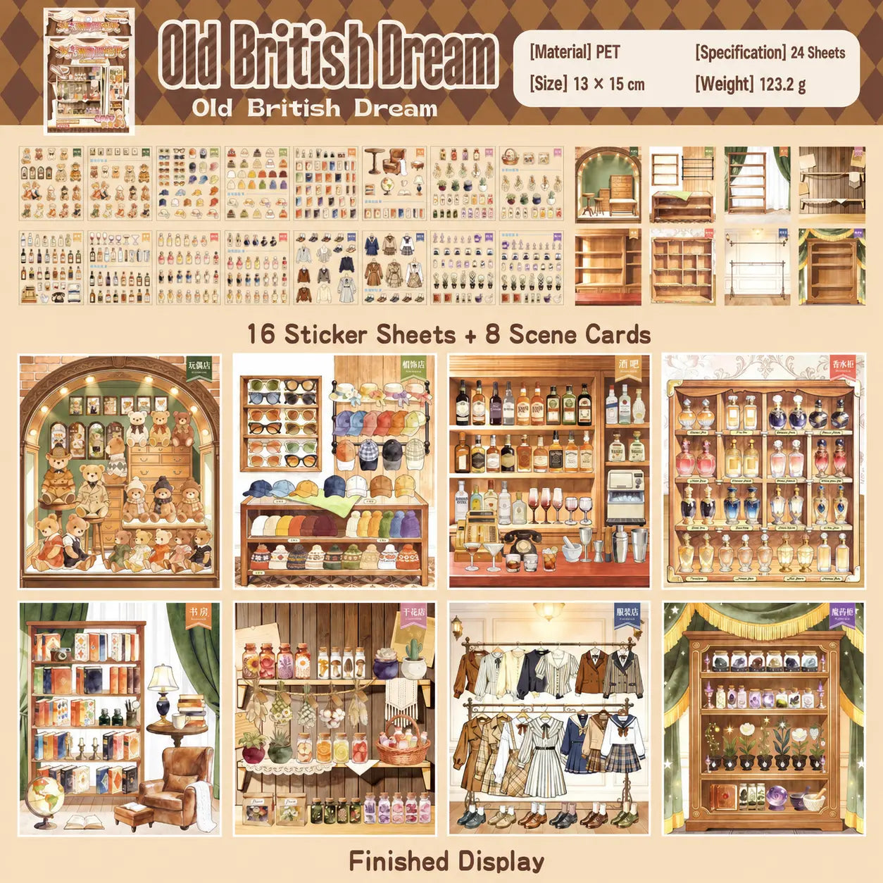 Old British Dream scene sticker kit with 16 sticker sheets and eight vintage shop scene cards