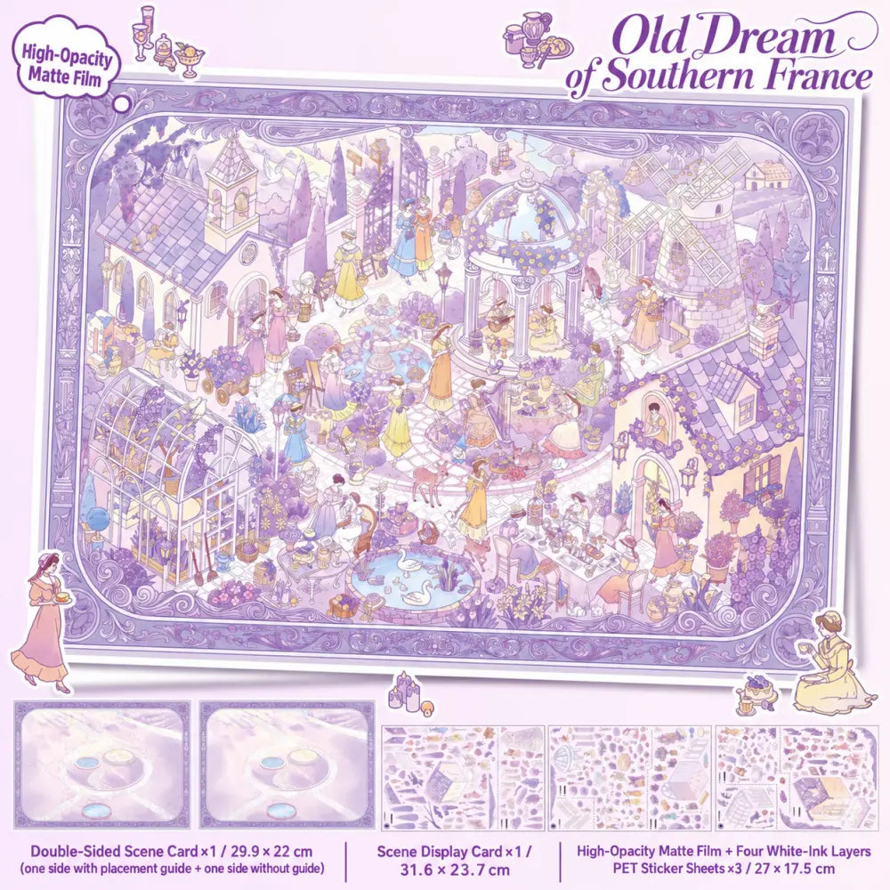 Old Dream of Southern France scene sticker kit with double-sided scene card, display card, and three PET sticker sheets