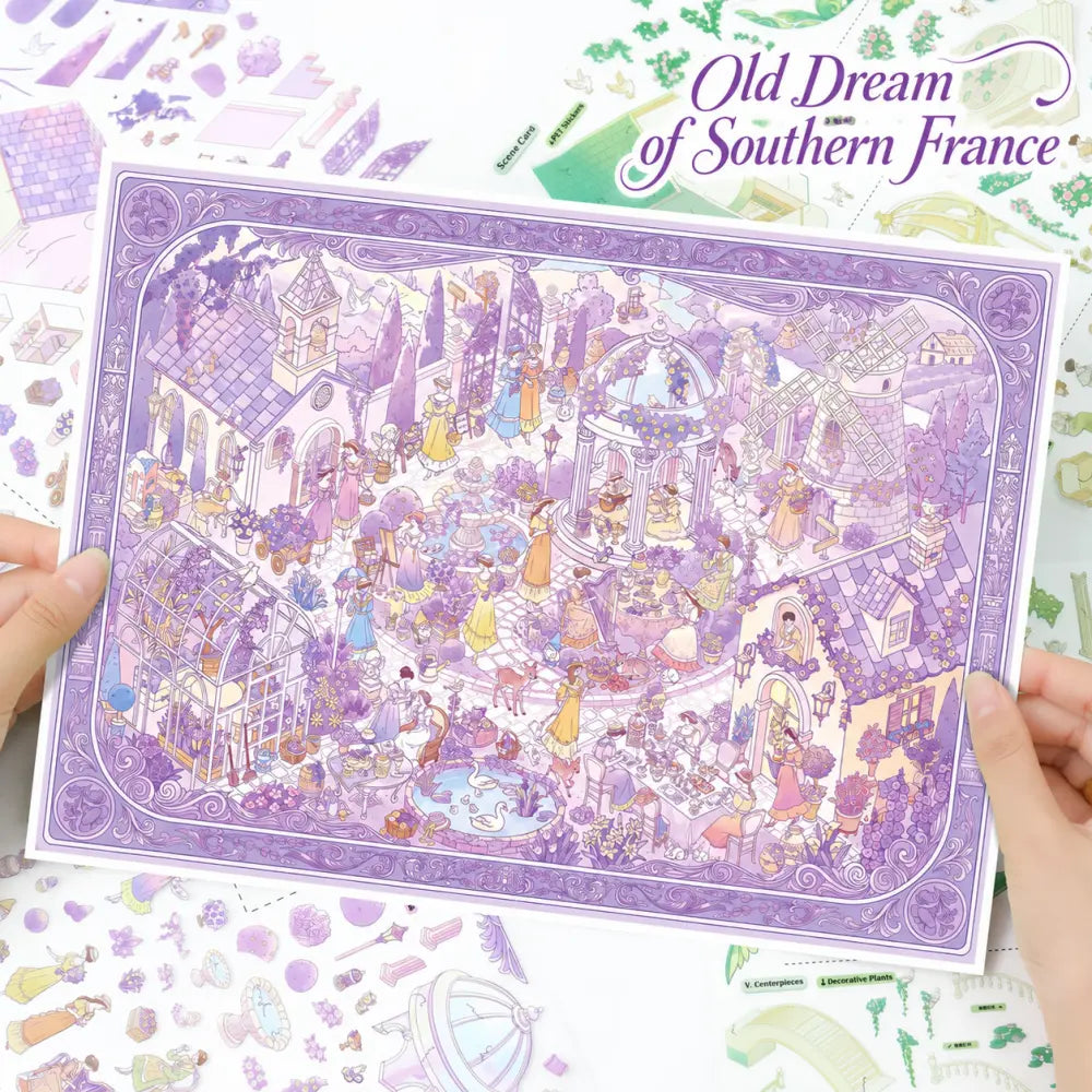 Old Dream of Southern France purple garden scene sticker kit finished display