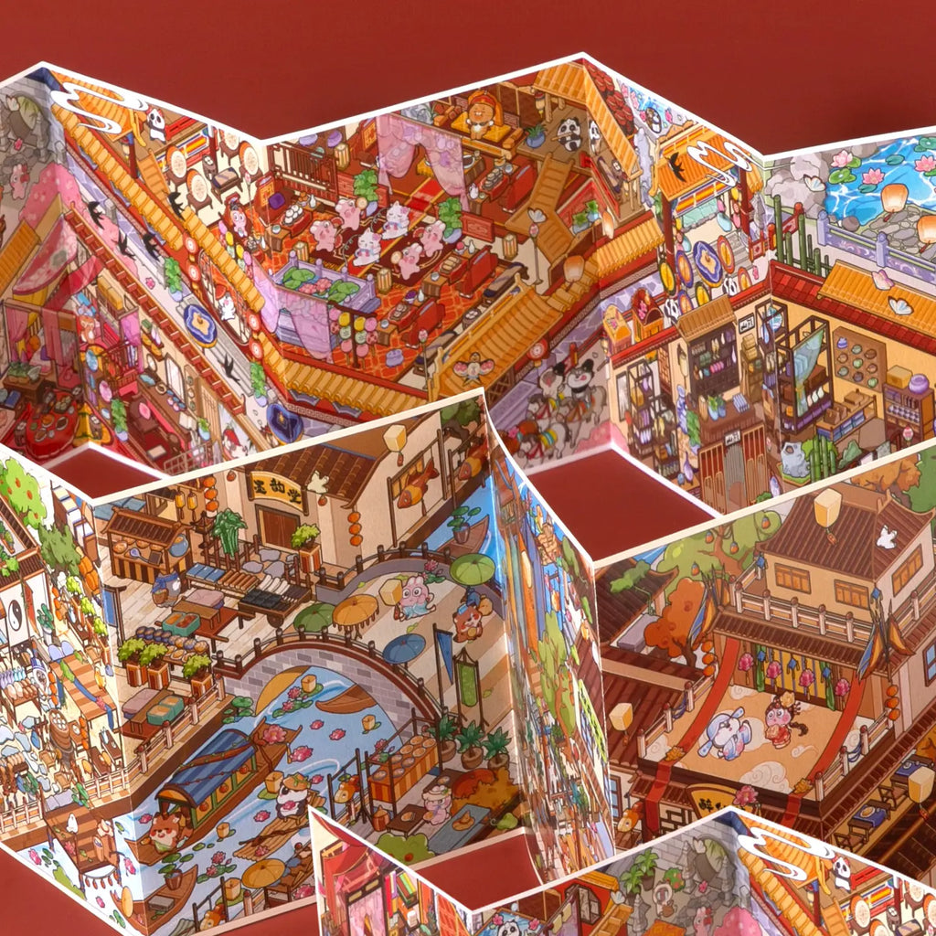Accordion-style fold-out display of the Old Town Market miniature scene
