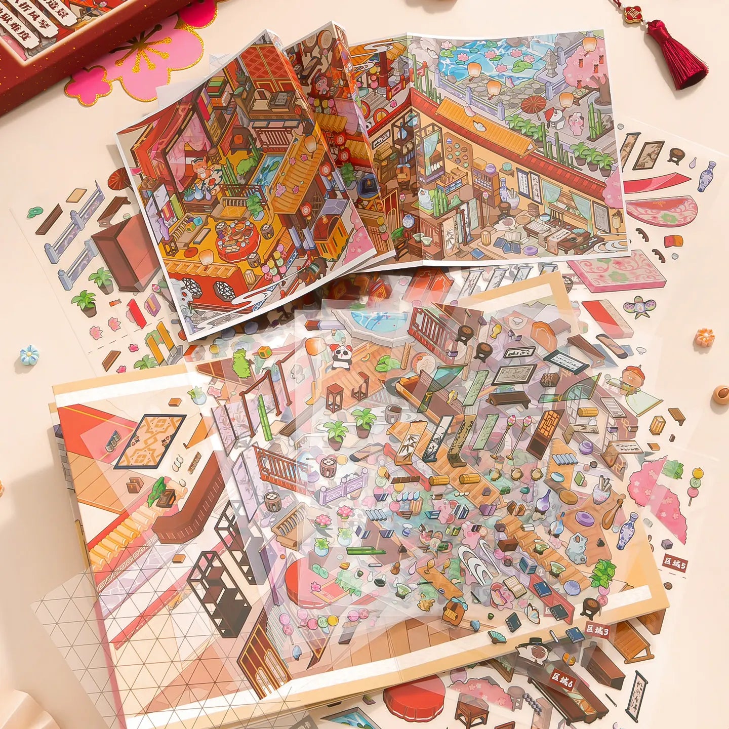 Old Town Market sticker kit contents with fold-out scene cards and transparent sticker sheets