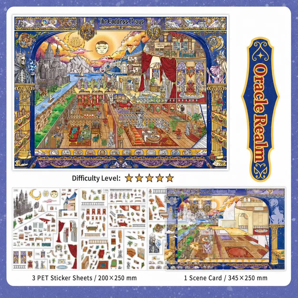 Oracle Realm 3D Scene Sticker Kit with one scene card, three PET sticker sheets, and decorative title piece