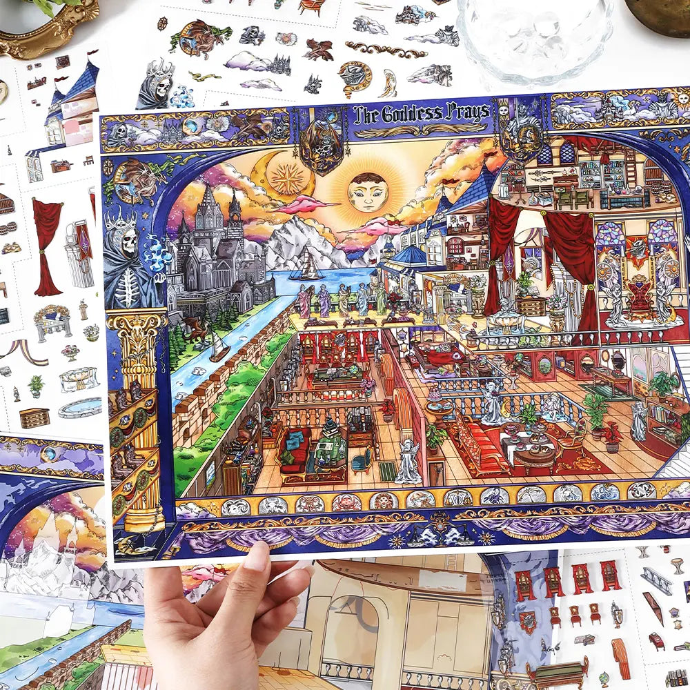 Finished The Goddess Prays 3D-look sticker scene with moonlit castle, oracle room, and vintage interior details