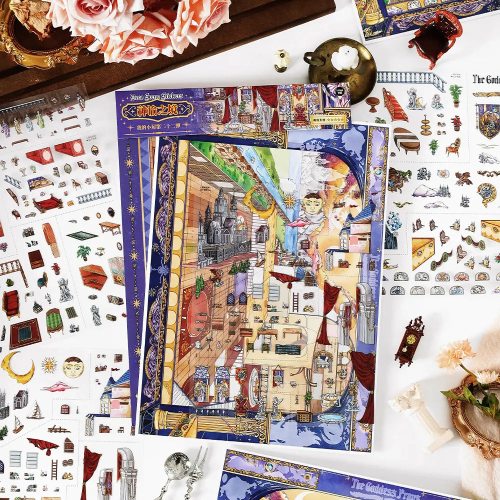 Oracle Realm 3D Scene Sticker Kit layout with scene card and PET sticker sheets arranged for miniature scene-building