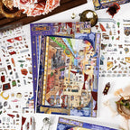 Oracle Realm 3D Scene Sticker Kit layout with scene card and PET sticker sheets arranged for miniature scene-building