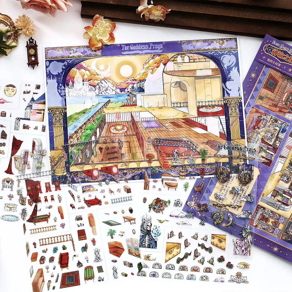 Oracle Realm scene card and PET sticker sheets with castle, curtains, furniture, statues, and fantasy decor pieces