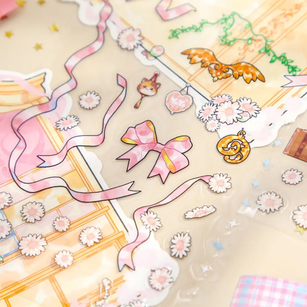 Close-up of Ornament Display Cabinet PVC stickers with pink ribbons, flowers, bows, and small decorative pieces